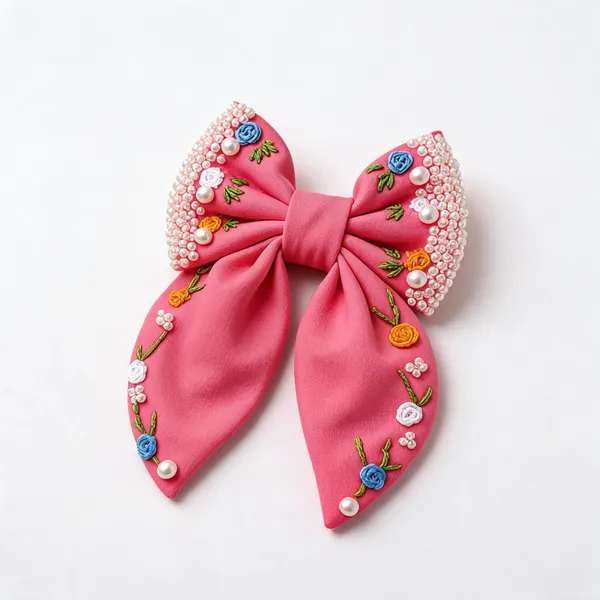 Pink_Fabric_Floral_Embroidered_Bow_Hair_Clip_For_Women