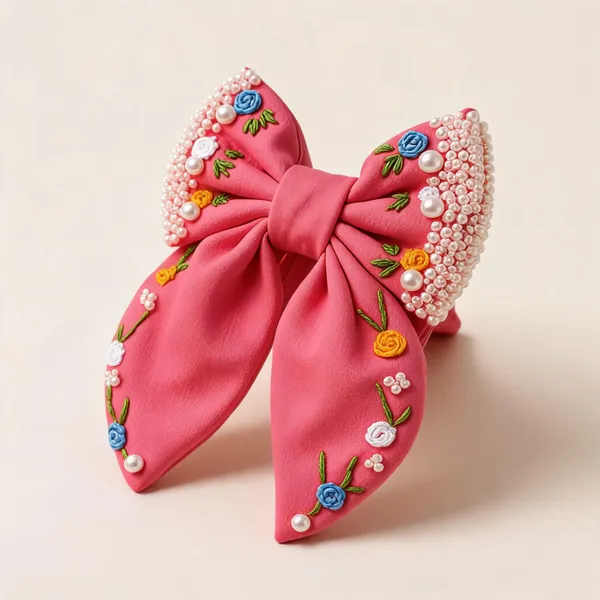 Pink_Fabric_Floral_Embroidered_Bow_Hair_Clip_For_Women