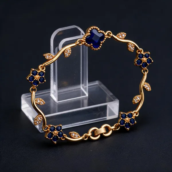 Gold-Tone_Blue_Floral_Stone_Charm_Bracelet_For_Women