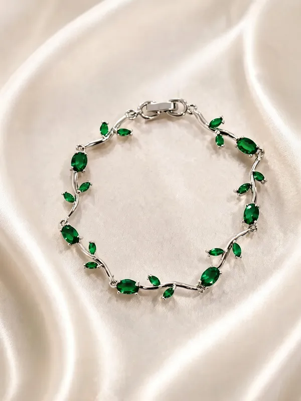Silver_Green_Stone_Leaf_Link_Bracelet_For_Women