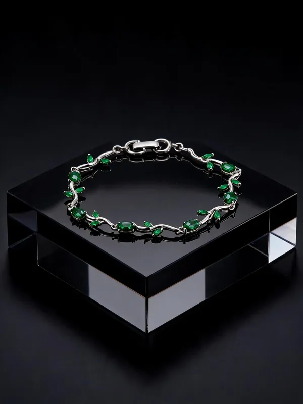 Silver_Green_Stone_Leaf_Link_Bracelet_For_Women