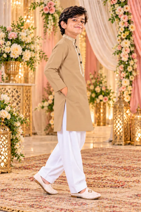 Boys_Camel_Short_Kurta_In_Giza_Cotton_|_Kids_Kurta_With_White_Pajama_|_Wedding_&_Festive_Wear