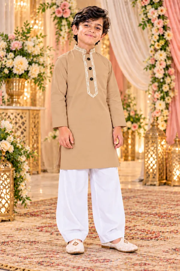 Boys_Camel_Short_Kurta_In_Giza_Cotton_|_Kids_Kurta_With_White_Pajama_|_Wedding_&_Festive_Wear