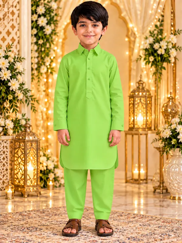 Boys_Parrot_Green_Pakistani_Kurta_Pajama_In_Giza_Cotton_|_Kids_Traditional_Suit_|_Eid,_Wedding_&_Festive_Wear