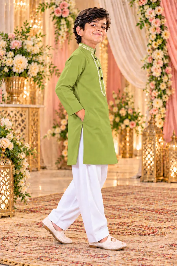 Boys_Parrot_Green_Short_Kurta_In_Giza_Cotton_|_Kids_Kurta_With_White_Pajama_|_Wedding_&_Festive_Wear