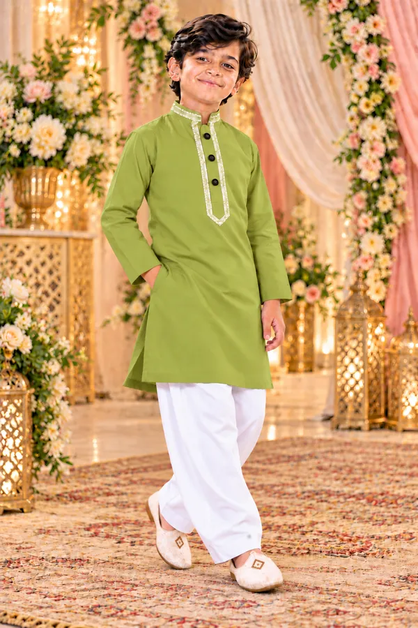 Boys_Parrot_Green_Short_Kurta_In_Giza_Cotton_|_Kids_Kurta_With_White_Pajama_|_Wedding_&_Festive_Wear