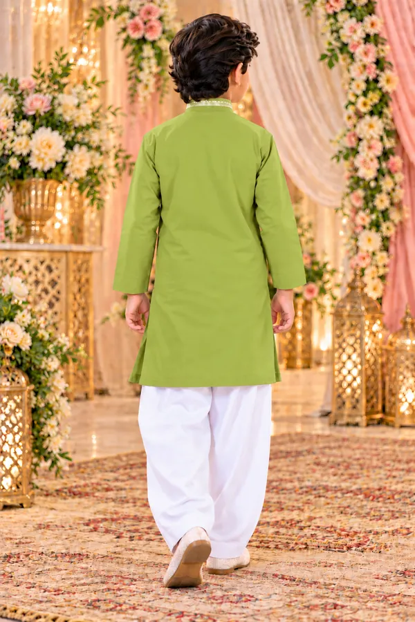 Boys_Parrot_Green_Short_Kurta_In_Giza_Cotton_|_Kids_Kurta_With_White_Pajama_|_Wedding_&_Festive_Wear