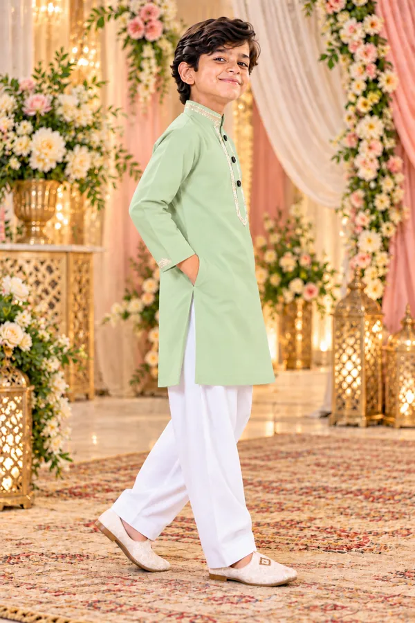 Boys_Pista_Green_Short_Kurta_In_Giza_Cotton_|_Kids_Kurta_With_White_Pajama_|_Wedding_&_Festive_Wear