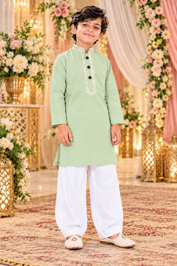 Boys_Pista_Green_Short_Kurta_In_Giza_Cotton_|_Kids_Kurta_With_White_Pajama_|_Wedding_&_Festive_Wear