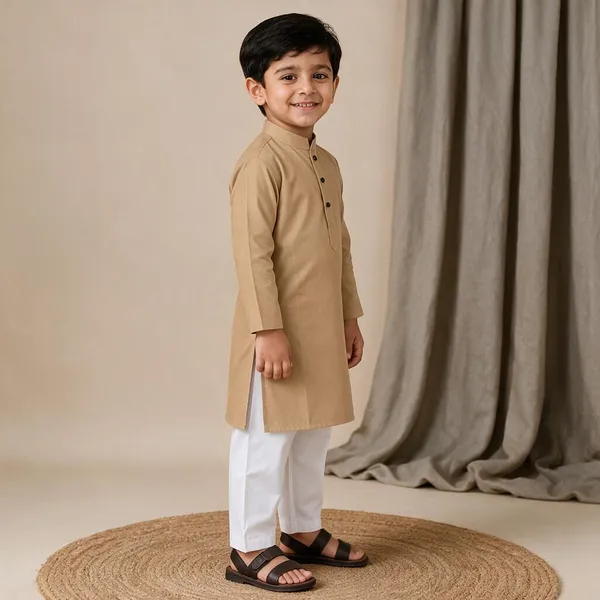 Camel_Colour_Cotton_Kurta_For_Boys_|_Full_Sleeve_Traditional_Kurta_With_White_Pajama_|_Kids_Ethnic_Wear_For_Eid,_Wedding_&_Festive_Occasions