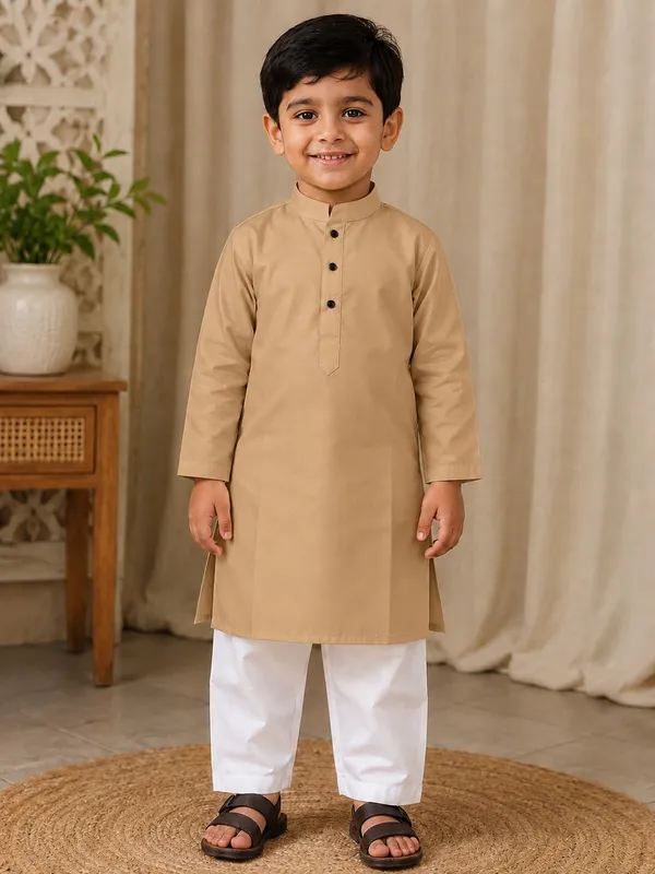 Camel_Colour_Cotton_Kurta_For_Boys_|_Full_Sleeve_Traditional_Kurta_With_White_Pajama_|_Kids_Ethnic_Wear_For_Eid,_Wedding_&_Festive_Occasions