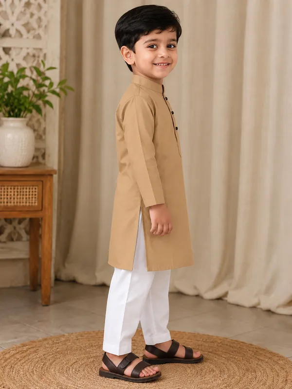 Camel_Colour_Cotton_Kurta_For_Boys_|_Full_Sleeve_Traditional_Kurta_With_White_Pajama_|_Kids_Ethnic_Wear_For_Eid,_Wedding_&_Festive_Occasions