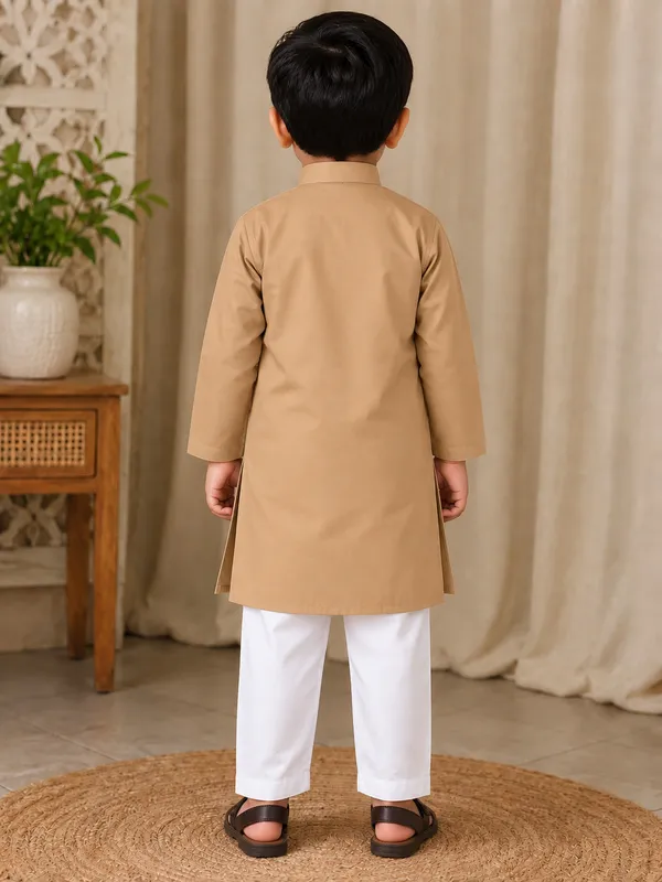 Camel_Colour_Cotton_Kurta_For_Boys_|_Full_Sleeve_Traditional_Kurta_With_White_Pajama_|_Kids_Ethnic_Wear_For_Eid,_Wedding_&_Festive_Occasions