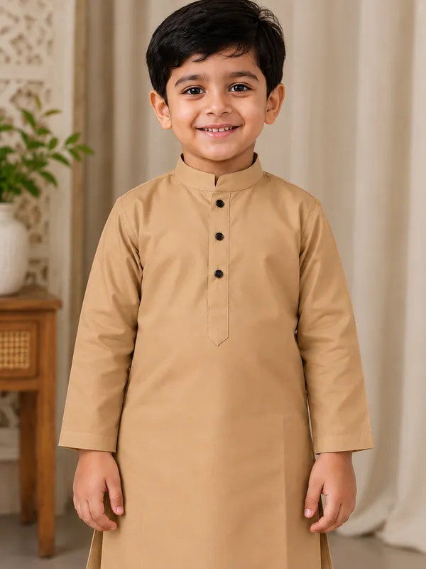 Camel_Colour_Cotton_Kurta_For_Boys_|_Full_Sleeve_Traditional_Kurta_With_White_Pajama_|_Kids_Ethnic_Wear_For_Eid,_Wedding_&_Festive_Occasions