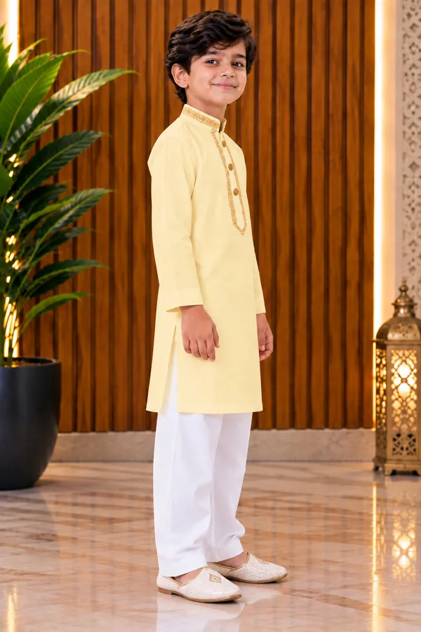 Light_Yellow_Kids_Kurta_Pajama_Set_For_Boys_|_Wedding_Special_Ethnic_Wear_|_Embroidered_Kurta_With_White_Pajama_|_Party_Wear_Traditional_Outfit