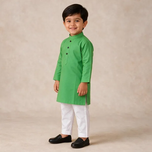 Parrot_Green_Cotton_Kurta_For_Boys_|_Full_Sleeve_Traditional_Kurta_With_White_Pajama_|_Kids_Ethnic_Wear_For_Eid,_Wedding_&_Festive_Occasions