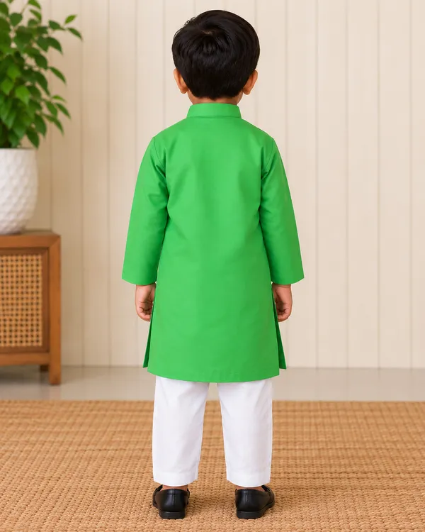Parrot_Green_Cotton_Kurta_For_Boys_|_Full_Sleeve_Traditional_Kurta_With_White_Pajama_|_Kids_Ethnic_Wear_For_Eid,_Wedding_&_Festive_Occasions