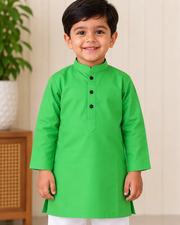 Parrot_Green_Cotton_Kurta_For_Boys_|_Full_Sleeve_Traditional_Kurta_With_White_Pajama_|_Kids_Ethnic_Wear_For_Eid,_Wedding_&_Festive_Occasions