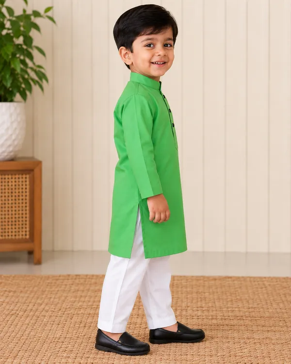 Parrot_Green_Cotton_Kurta_For_Boys_|_Full_Sleeve_Traditional_Kurta_With_White_Pajama_|_Kids_Ethnic_Wear_For_Eid,_Wedding_&_Festive_Occasions