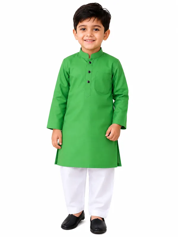 Parrot_Green_Cotton_Kurta_For_Boys_|_Full_Sleeve_Traditional_Kurta_With_White_Pajama_|_Kids_Ethnic_Wear_For_Eid,_Wedding_&_Festive_Occasions
