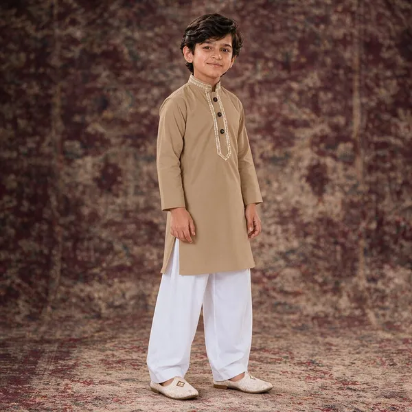 Boys_Camel_Short_Kurta_In_Giza_Cotton_|_Kids_Kurta_With_White_Pajama_|_Wedding_&_Festive_Wear
