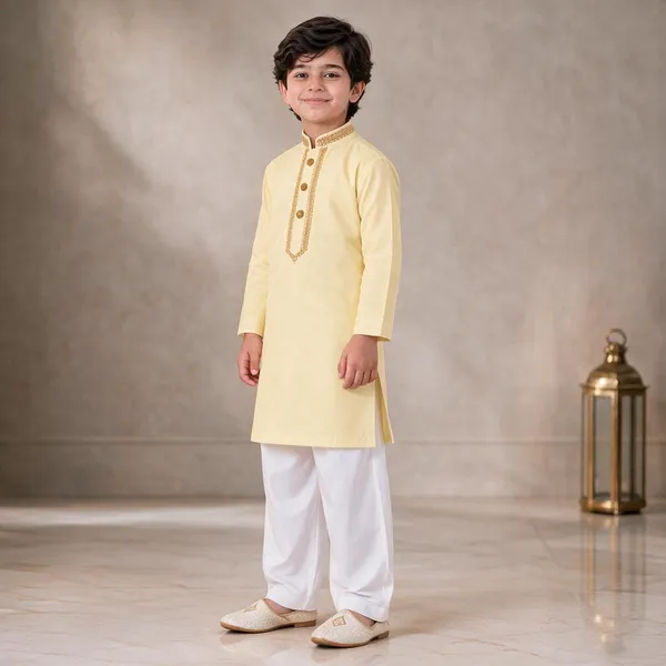 Light_Yellow_Kids_Kurta_Pajama_Set_For_Boys_|_Wedding_Special_Ethnic_Wear_|_Embroidered_Kurta_With_White_Pajama_|_Party_Wear_Traditional_Outfit