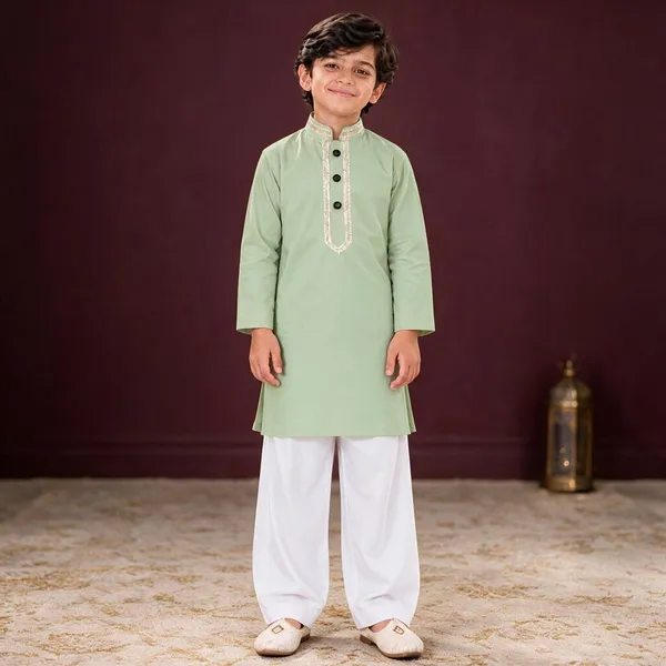 Boys_Pista_Green_Short_Kurta_In_Giza_Cotton_|_Kids_Kurta_With_White_Pajama_|_Wedding_&_Festive_Wear