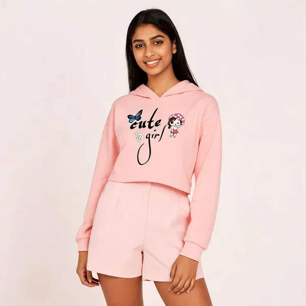 Pink_Pure_Cotton_Hooded_Graphic_Print_Crop_T-Shirt_For_Women
