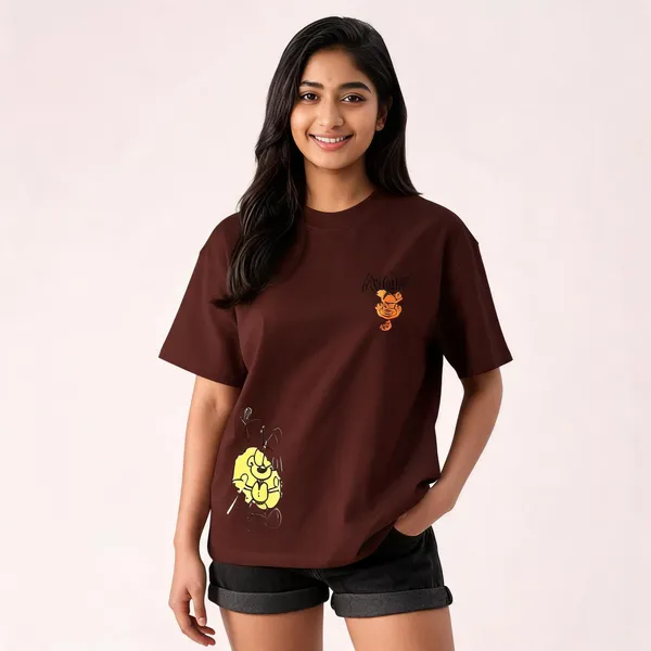 Brown_Pure_Cotton_Oversized_Printed_Round_Neck_T-Shirt_For_Women