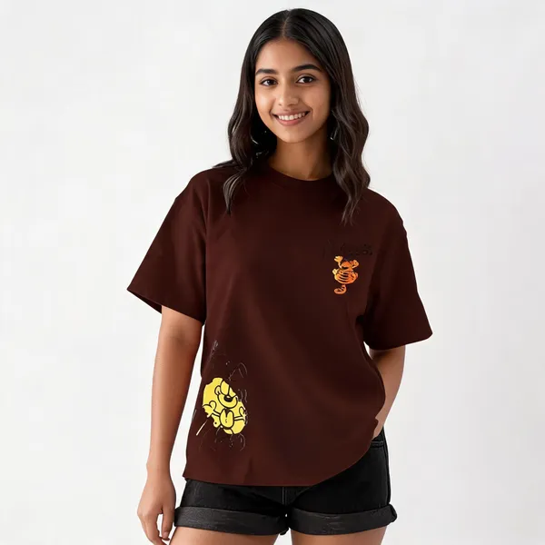 Brown_Pure_Cotton_Printed_Round_Neck_T-Shirt_For_Women