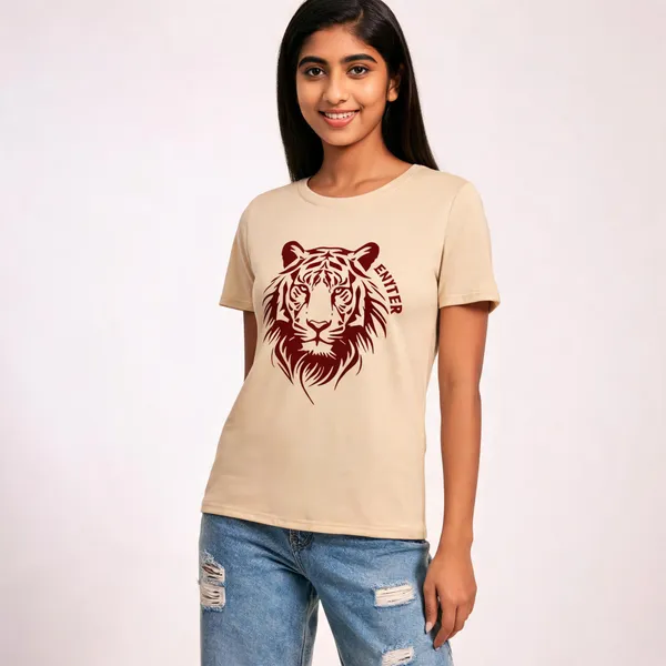 Beige_Pure_Cotton_Round_Neck_Animal_Print_T-Shirt_For_Women