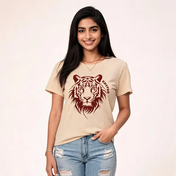 Beige_Pure_Cotton_Animal_Print_Round_Neck_T-Shirt_For_Women
