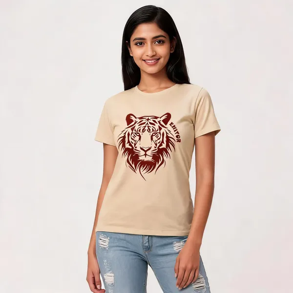 Beige_Pure_Cotton_Animal_Print_Round_Neck_T-Shirt_For_Women