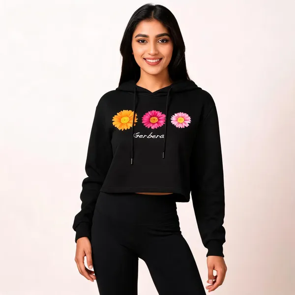 Black_Cotton_Floral_Print_Hooded_T-Shirt_For_Women