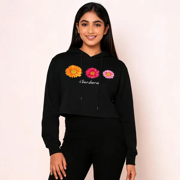 Black_Cotton_Floral_Print_Hooded_T-Shirt_For_Women