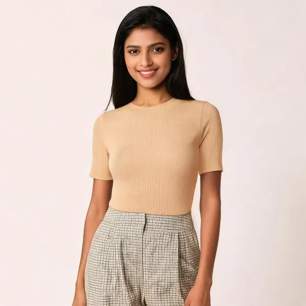 Beige_Pure_Cotton_Ribbed_Round_Neck_T-Shirt_For_Women