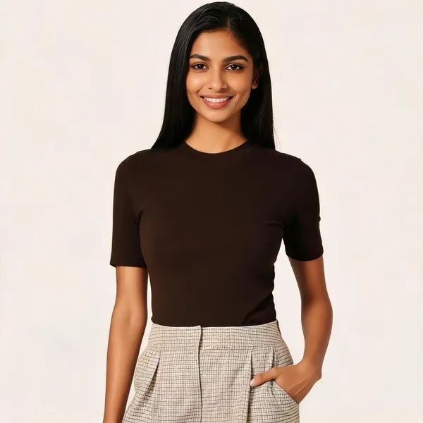Brown_Pure_Cotton_Self_Design_Round_Neck_T-Shirt_For_Women