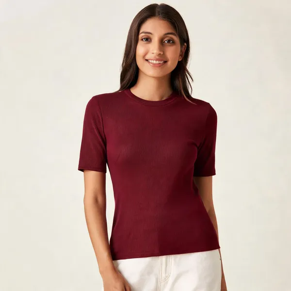Maroon_Pure_Cotton_Round_Neck_T-Shirt_For_Women