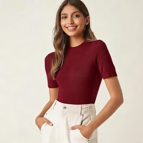 Maroon_Pure_Cotton_Solid_Round_Neck_T-Shirt_For_Women