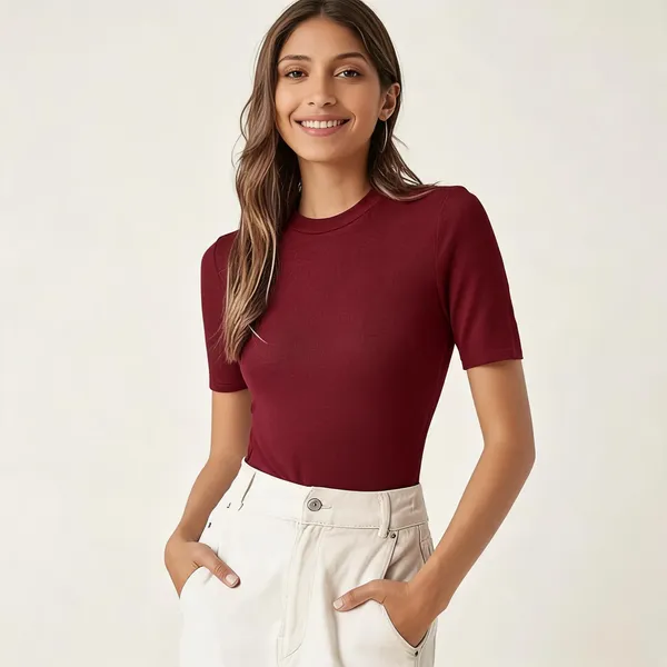 Maroon_Pure_Cotton_Solid_Round_Neck_T-Shirt_For_Women