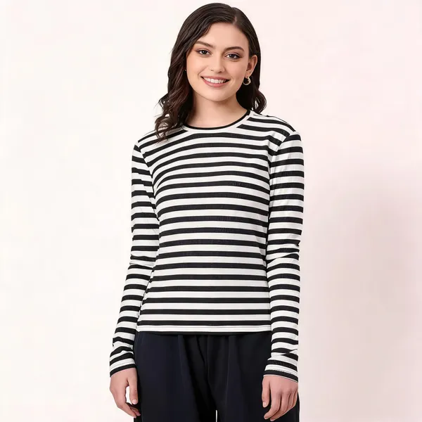 Multicolor_Pure_Cotton_Striped_Round_Neck_T-Shirt_For_Women