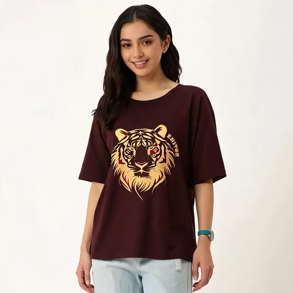 Brown_Pure_Cotton_Oversized_Printed_Round_Neck_T-Shirt_For_Women