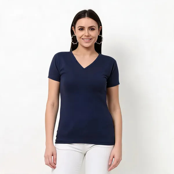 Navy_Blue_Pure_Cotton_V-Neck_Solid_T-Shirt_For_Women