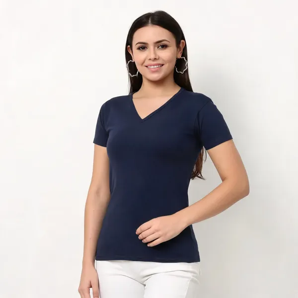Navy_Blue_Pure_Cotton_V-Neck_Solid_T-Shirt_For_Women