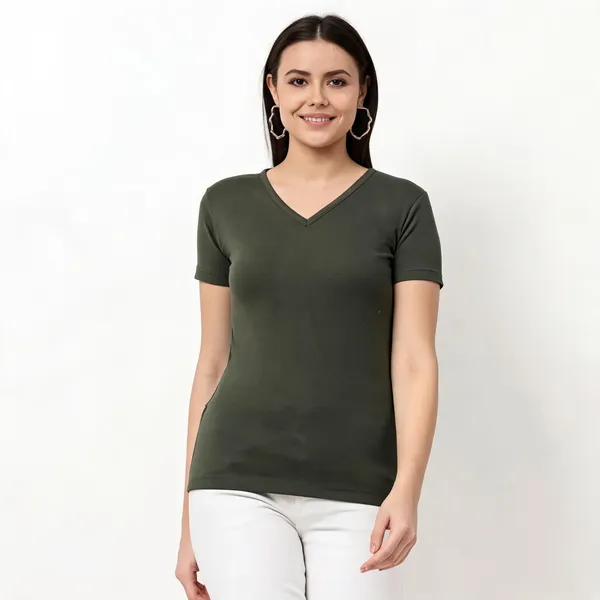 Green_Pure_Cotton_Solid_V_Neck_T-Shirt_For_Women