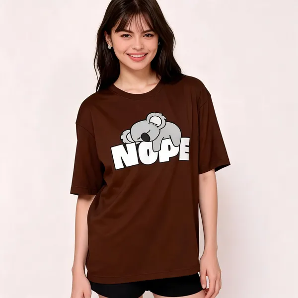 Brown_Pure_Cotton_Printed_Oversized_Round_Neck_T-Shirt_For_Women