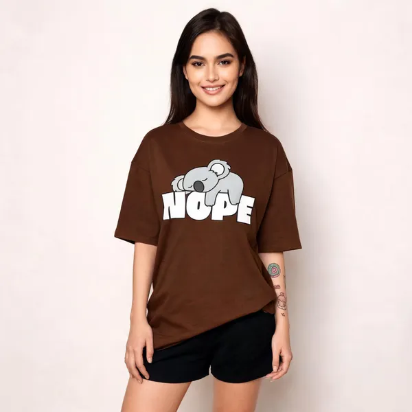 Brown_Pure_Cotton_Printed_Oversized_Round_Neck_T-Shirt_For_Women