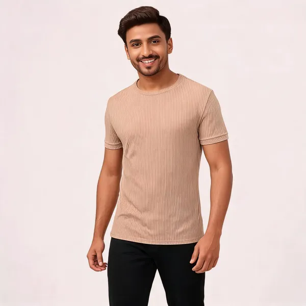 Beige_Pure_Cotton_Solid_Round_Neck_T-Shirt_For_Men