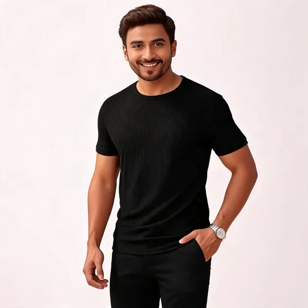 Black_Pure_Cotton_Solid_Ribbed_Round_Neck_T-Shirt_For_Men
