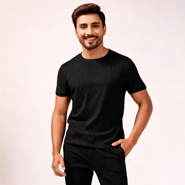 Black_Pure_Cotton_Solid_Ribbed_Round_Neck_T-Shirt_For_Men